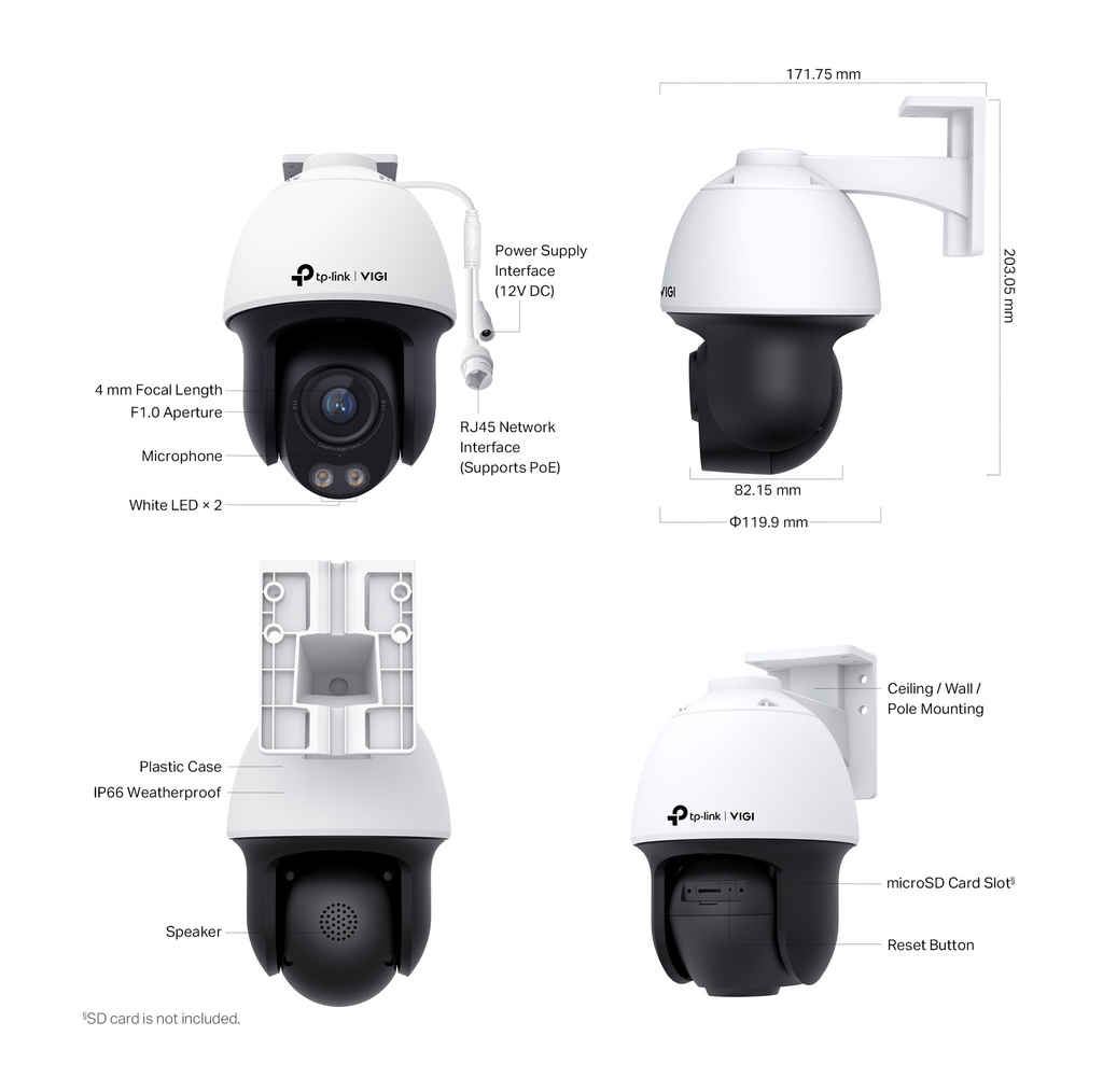 TP-LINK VIGI C540 PAN-TILT CAMERA, 4.0MM, 4MP, IR, 10/100, IP66, AUDIO, MicroSD, 3Y