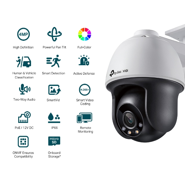 TP-LINK VIGI C540 PAN-TILT CAMERA, 4.0MM, 4MP, IR, 10/100, IP66, AUDIO, MicroSD, 3YR