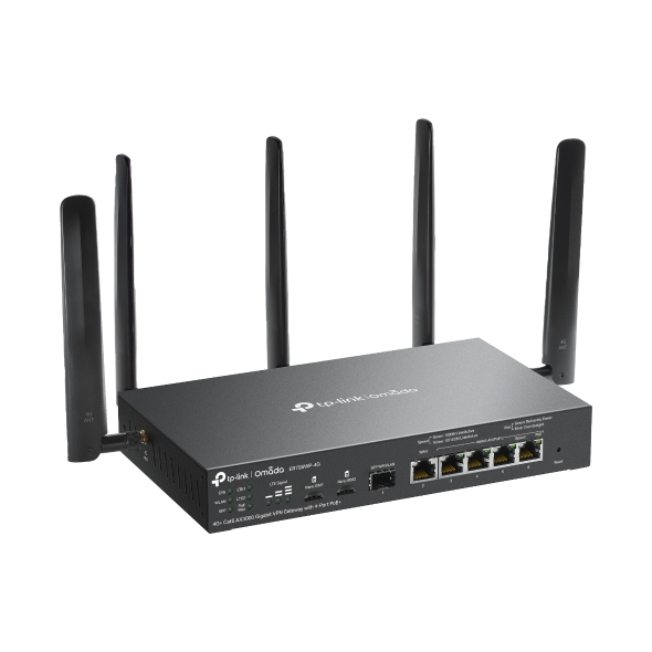 TP-Link ER706WP-4G Omada 4G+ Cat6 AX3000 Gigabit VPN Gateway with 4-Port PoE+, 574Mbps at 2.4 GHz + 2402 Mbps at 5 GHz (HE160) Wi-Fi Speed, 300 Mbps D