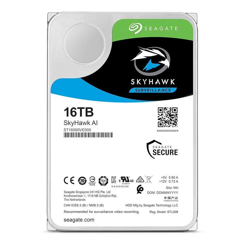 Seagate 16TB 3.5" SkyHawk AI Surveillance, SATA 6Gb/s, CMR, max. DTR 285/272mb, HDD, 512MB Cache, 7200RPM, 5Years Warranty