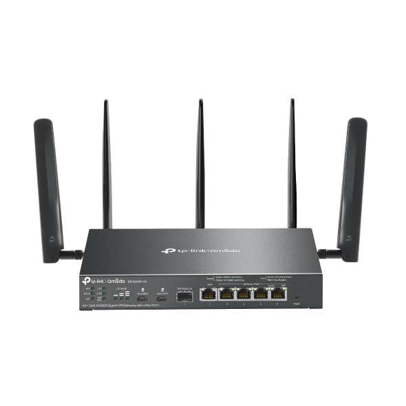 TP-Link ER706WP-4G Omada 4G+ Cat6 AX3000 Gigabit VPN Gateway with 4-Port PoE+, 574Mbps at 2.4 GHz + 2402 Mbps at 5 GHz (HE160) Wi-Fi Speed, 300 Mbps D